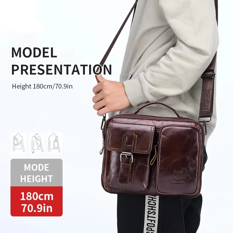 (image for) BULLCAPTAIN Genuine Leather Mens Shoulder Bag Business Crossbody Bag Male Briefcase Messenger Bag Men's Casual Handbags Vintage Flap Clutch Purse Tote